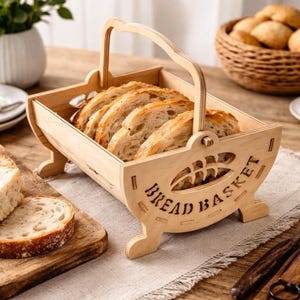 Op de afbeelding: Een houten broodmand met een handvat, gevuld met gesneden brood. De mand heeft een decoratieve uitsparing en de woorden "BREAD BASKET" zijn op de voorkant gegraveerd. Een brood ligt op een houten snijplank.