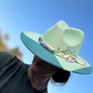hand burned flat brim hat, original artwork branded fedora, pyrography cowgirl hat