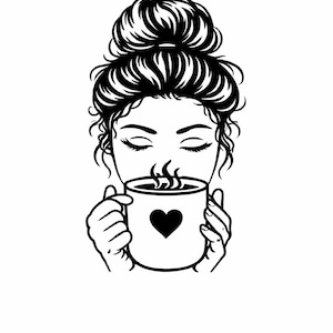 May include: Black and white illustration of a woman with her eyes closed, enjoying a cup of coffee. The mug has a heart on it. Her hair is styled in a bun. The image is a simple line drawing.