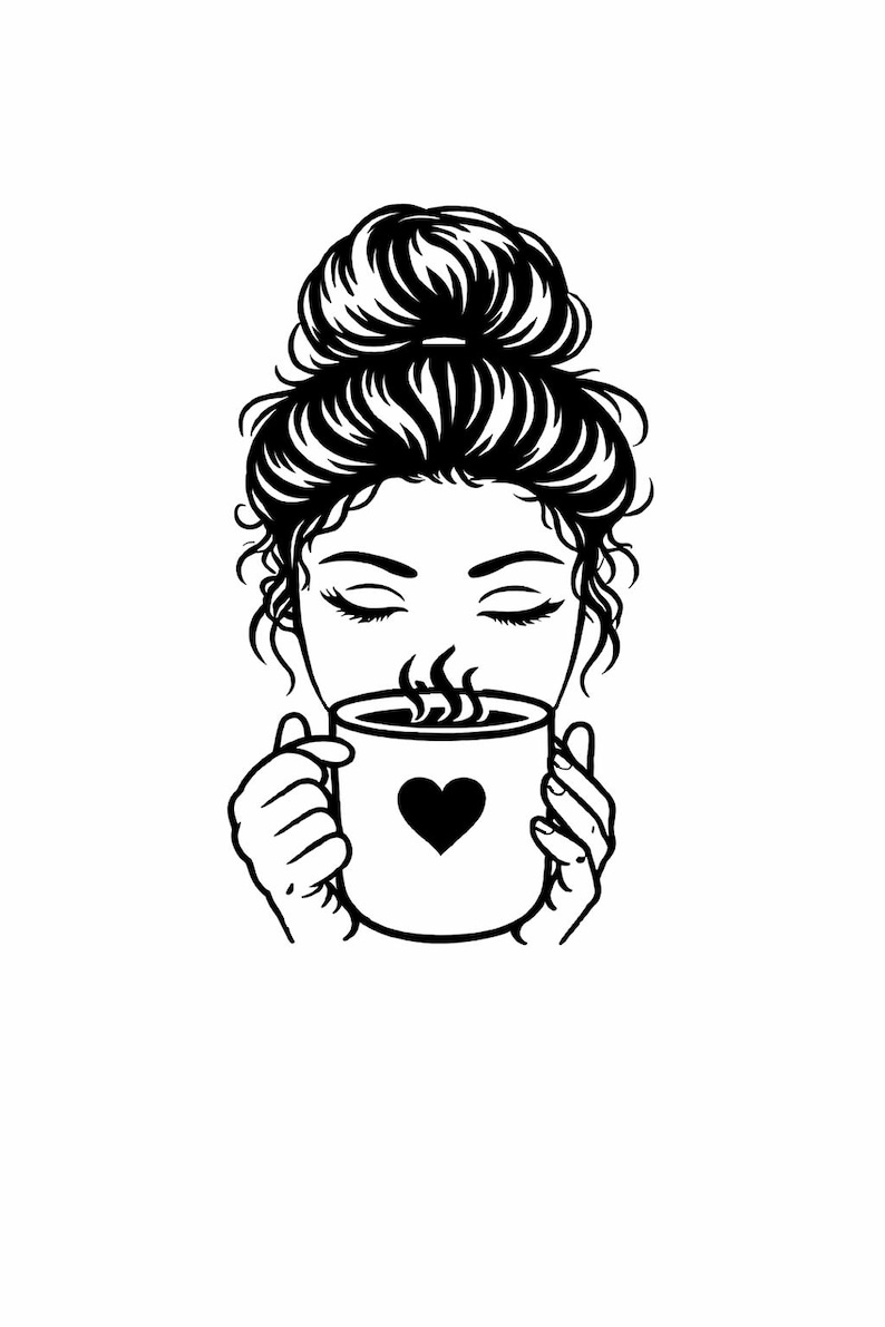 May include: Black and white illustration of a woman with her eyes closed, enjoying a cup of coffee. The mug has a heart on it. Her hair is styled in a bun. The image is a simple line drawing.