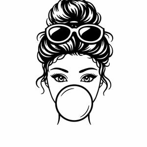May include: Black and white illustration of a woman with sunglasses on her head and a bubble of gum in her mouth. Her hair is styled in a messy bun. The image is a simple, graphic design.
