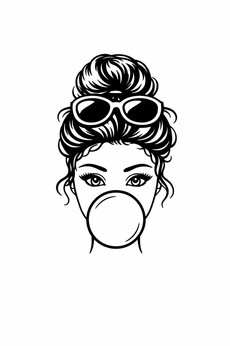 May include: Black and white illustration of a woman with sunglasses on her head and a bubble of gum in her mouth. Her hair is styled in a messy bun. The image is a simple, graphic design.