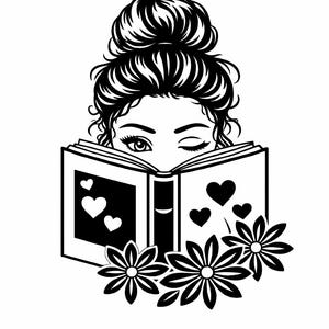 May include: Black and white illustration of a woman reading a book. The woman's eyes peek over the book, which has hearts and flowers. Her hair is styled in a bun. The image is a graphic design.