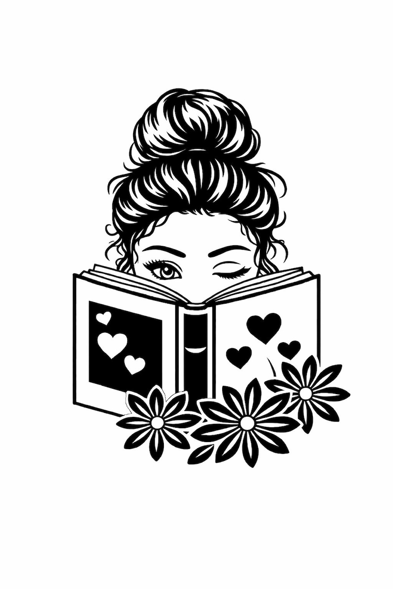 May include: Black and white illustration of a woman reading a book. The woman's eyes peek over the book, which has hearts and flowers. Her hair is styled in a bun. The image is a graphic design.