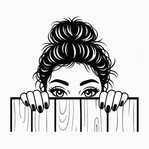 May include: Black and white illustration of a woman with her hair in a bun, peeking over a wooden fence. The woman's eyes are visible, and her hands are resting on the fence. The nails are painted black.