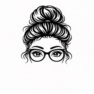 May include: Black and white illustration of a woman's face, featuring a high bun hairstyle and eyeglasses. The image is a minimalist design, with the focus on the eyes and hair details. The glasses are black-rimmed, and the hair is styled in a neat bun.