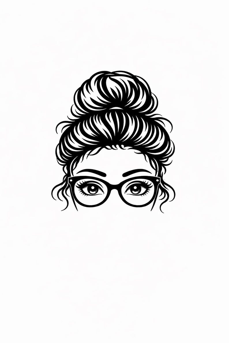 May include: Black and white illustration of a woman's face, featuring a high bun hairstyle and eyeglasses. The image is a minimalist design, with the focus on the eyes and hair details. The glasses are black-rimmed, and the hair is styled in a neat bun.
