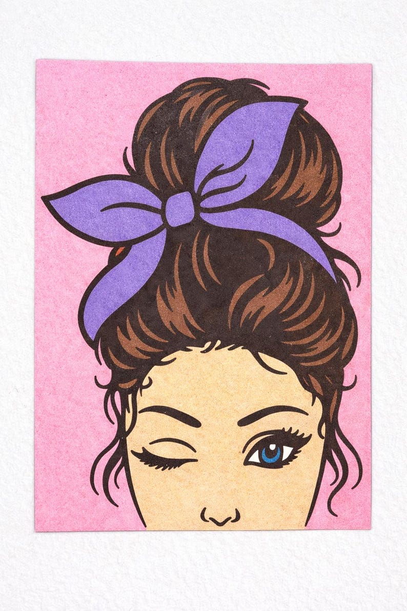 May include: Illustration of a woman winking, with brown hair styled in a bun and a purple bow. The woman has blue eyes and is set against a pink background. The image has a retro, vintage aesthetic.