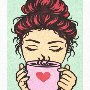 May include: Illustration of a person with closed eyes enjoying a pink mug of coffee. The mug has a red heart on it. The person has red hair in a bun and is holding the mug with both hands. The background is a light green color.
