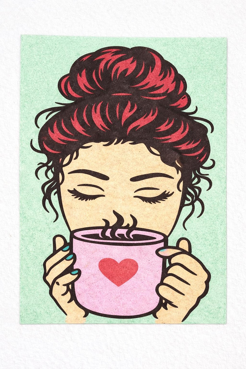 May include: Illustration of a person with closed eyes enjoying a pink mug of coffee. The mug has a red heart on it. The person has red hair in a bun and is holding the mug with both hands. The background is a light green color.