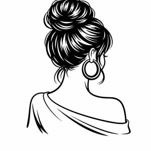 May include: Black and white illustration of a woman with her hair styled in a bun. She is wearing large hoop earrings and an off-the-shoulder top. The image is a simple line drawing.