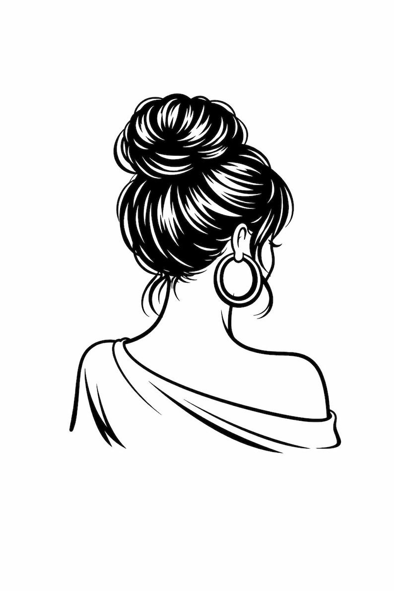 May include: Black and white illustration of a woman with her hair styled in a bun. She is wearing large hoop earrings and an off-the-shoulder top. The image is a simple line drawing.