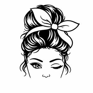 May include: Black and white line art illustration of a woman's face with one eye open and one eye winking. The woman has her hair up in a bun and is wearing a bow headband. The image is on a white background.