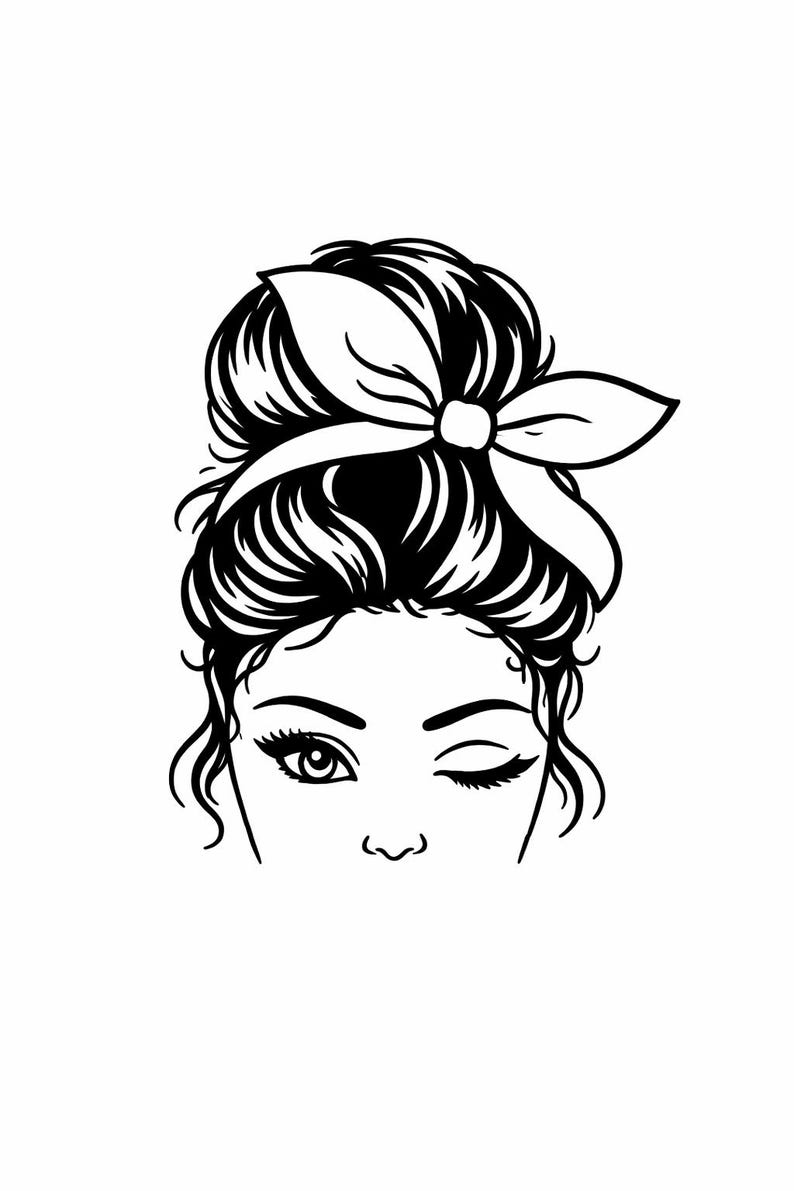 May include: Black and white line art illustration of a woman's face with one eye open and one eye winking. The woman has her hair up in a bun and is wearing a bow headband. The image is on a white background.