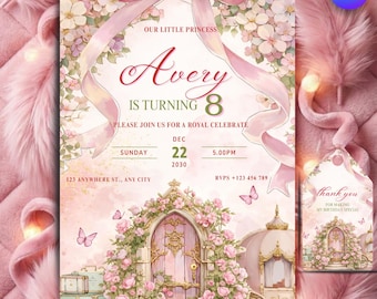 Princess Birthday Invitation Template with Thank You Tag, Editable Canva Invite, Floral Pink Princess Party Invite, royal Birthday Invitatio