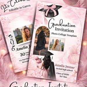 Pink Bow Graduation Invitation Template Canva Editable, Class of 2026 Photo Graduation Invite, Girl Grad Party Invite, Multi Photo Announcem