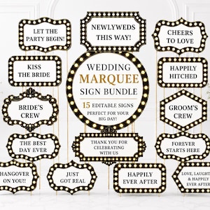 Marquee Light Wedding Welcome Signs, 15 Wedding Black Bottle Service Sign Canva Template Editable, Vintage Wedding Prop Board, Retro Photobo