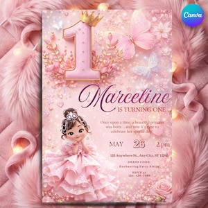 Invitation d'anniversaire de princesse | Invitation modifiable princesse fée rose | Modèle numérique pour le premier anniversaire d'une fille | Invitation de fête royale papillon