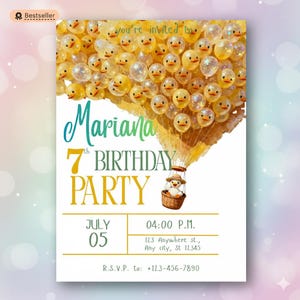 Duck Birthday Invitation Template | Hot Air Balloon Duck Party Invite | Kids Birthday Invitation | Editable Canva Template | Printable Yello