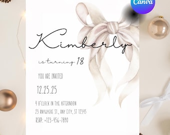 Pink Bow Birthday Invitation, Editable Coquette Birthday Party Invite, Elegant Canva Template, Girl’s Birthday Evite, Cana Digital