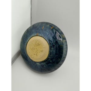 Studio Pottery Blue Drip Glaze Round Vase Feather Accent Signed 5 Inch image 6