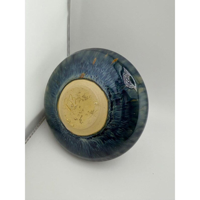 Studio Pottery Blue Drip Glaze Round Vase Feather Accent Signed 5 Inch image 6