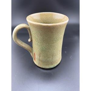 Handmade Studio Pottery Mug Sage Green Crackle Glaze Thumb Rest Signed image 3
