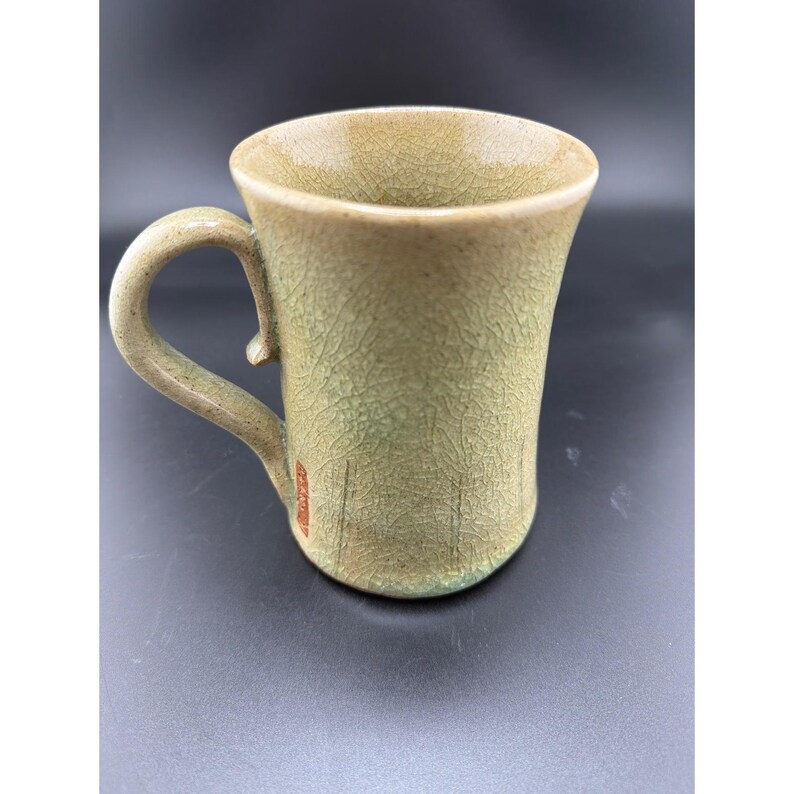 Handmade Studio Pottery Mug Sage Green Crackle Glaze Thumb Rest Signed image 3