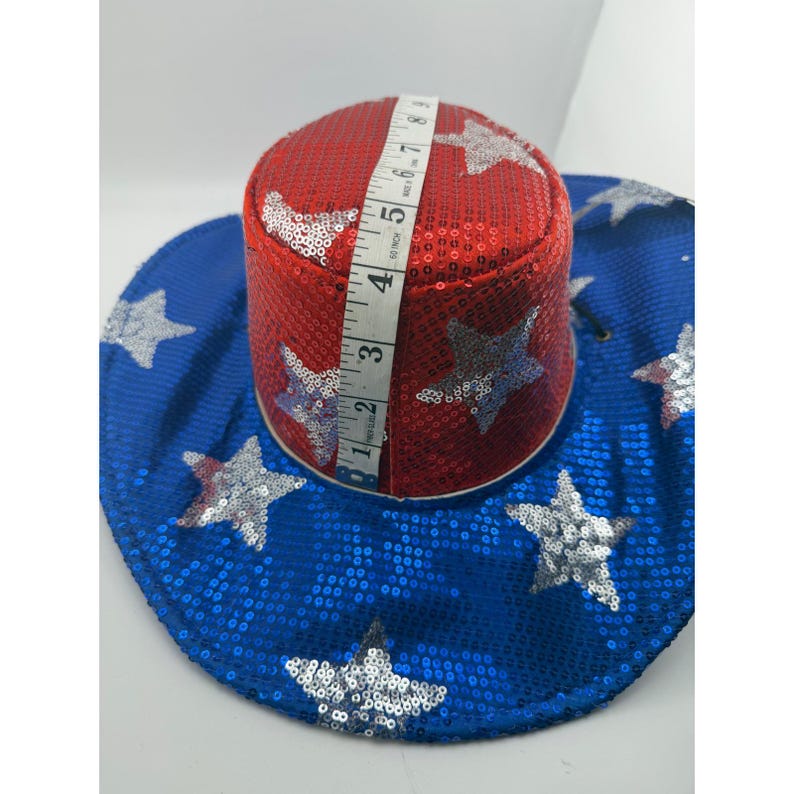 Sombrero de vaquero patriótico con lentejuelas y estrellas rojas, blancas y azules, accesorio para disfraz del 4 de julio. imagen 8