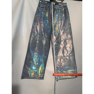 Women's Holographic Wide Leg Jeans 29 High Rise Iridescent Blue Gold Metallic image 1