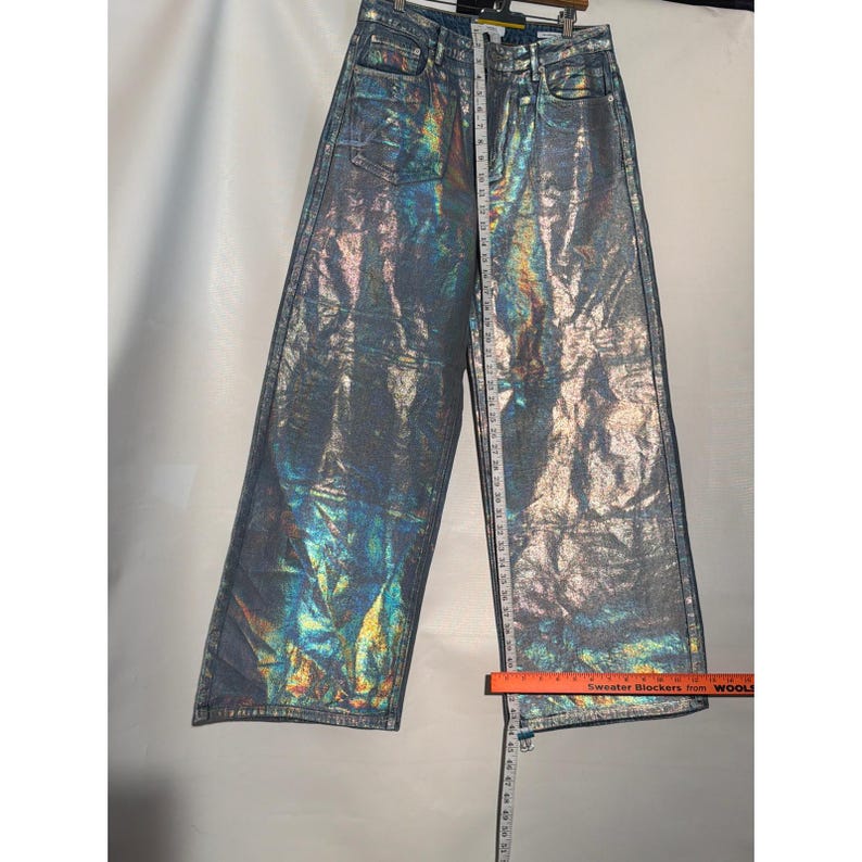 Women's Holographic Wide Leg Jeans 29 High Rise Iridescent Blue Gold Metallic image 1