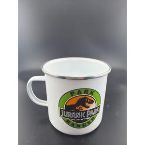 Jurassic Park Ranger Enamel Campfire Mug White Tin Coffee Cup T-Rex Logo image 2