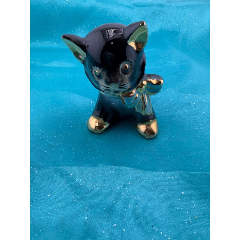 Vintage Ceramic Black Cat Figurine Gold Trim Bow Toothpick Holder 4 Inch image 1