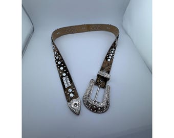 BHW Western Camo Hair on Hide Rhinestone Belt Silver Buckle Size M