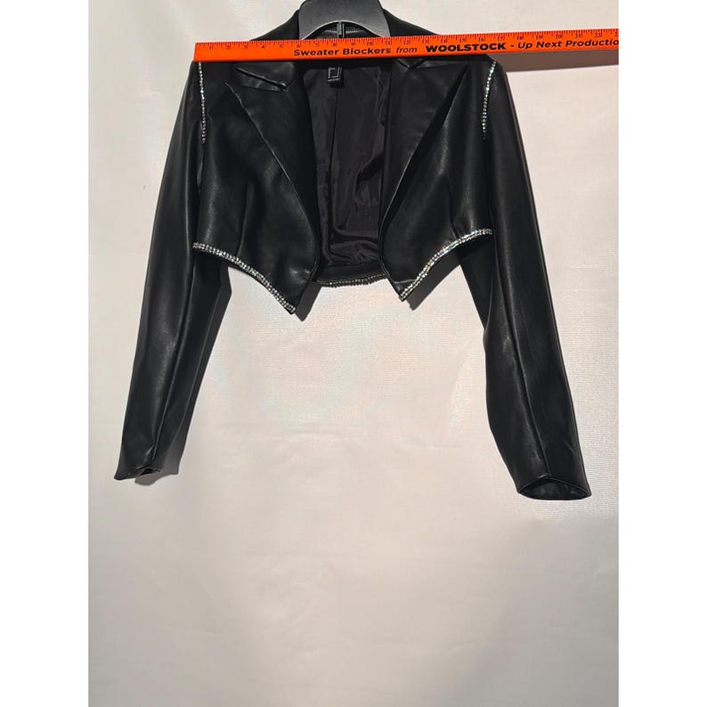 Forever 21 Faux Leather Cropped Jacket S Black Rhinestone Trim Open Front image 3