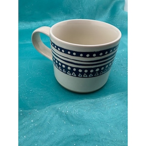 Boho Navy Geometric Stoneware Mug Cream Hand Painted Striped Coffee Cup image 1