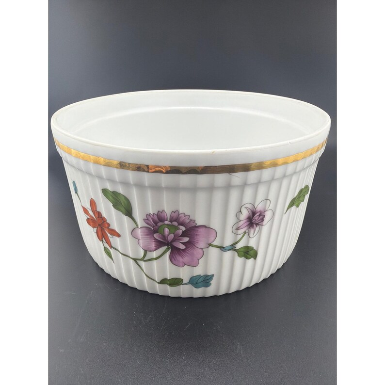 Royal Worcester Astley souffléschaal 7 inch met bloemenmotief, goudkleurig porselein, Engeland afbeelding 1