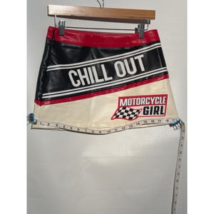 Motorcycle Girl Faux Leather Mini Skirt S US 4 EU 36 Red Black Racing Graphic image 4