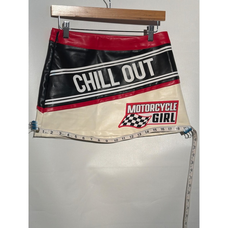 Motorcycle Girl Faux Leather Mini Skirt S US 4 EU 36 Red Black Racing Graphic image 4
