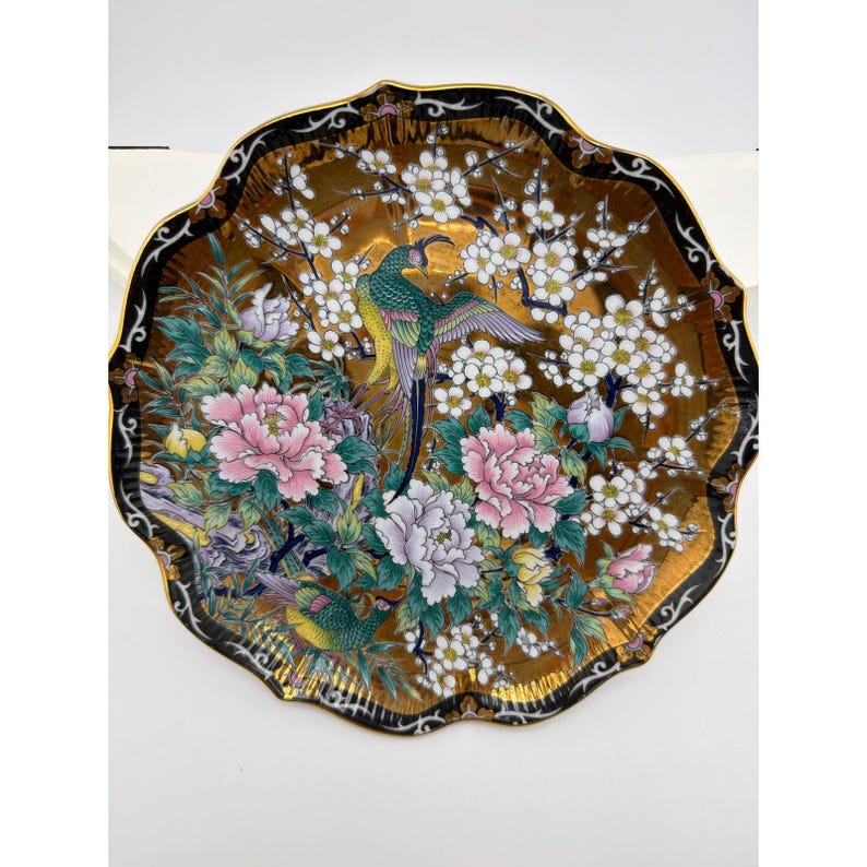 Vintage Toyo Japan Peacock Peony Gold Porcelain Plate 10 Inch afbeelding 1