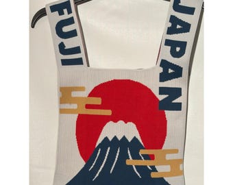 Japan Style Mount Fuji Knit Tote Bag White Blue Red New With Tags