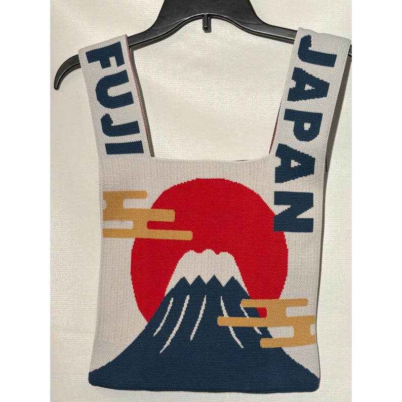 Japan Style Mount Fuji Knit Tote Bag White Blue Red New With Tags image 1