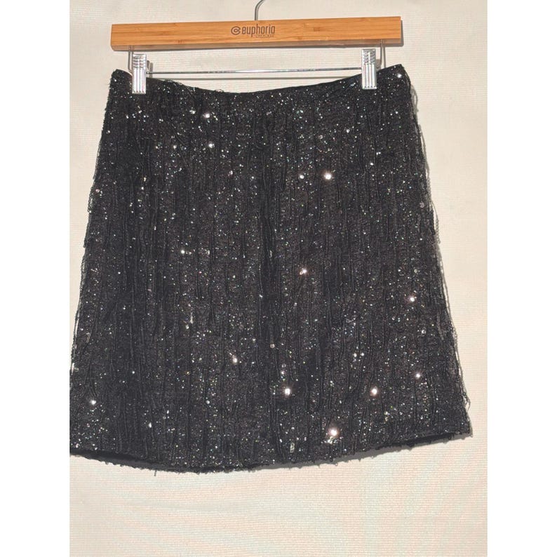 Black Textured Sequin Mini Skirt Metallic Shimmer A-Line Party Size 2 Petite image 1