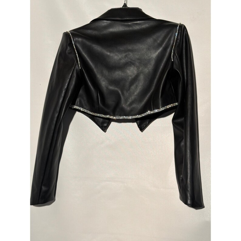 Forever 21 Faux Leather Cropped Jacket S Black Rhinestone Trim Open Front image 5