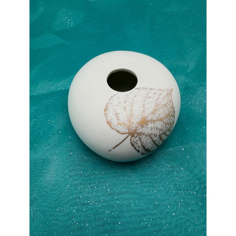 Räder Porcelain Pebble Bud Vase White Gold Leaf German Design 5.5 Inch image 2