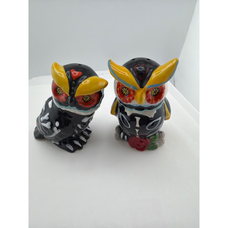 Day of the Dead Owl Salt Pepper Shakers Ceramic Sugar Skull Set image 1