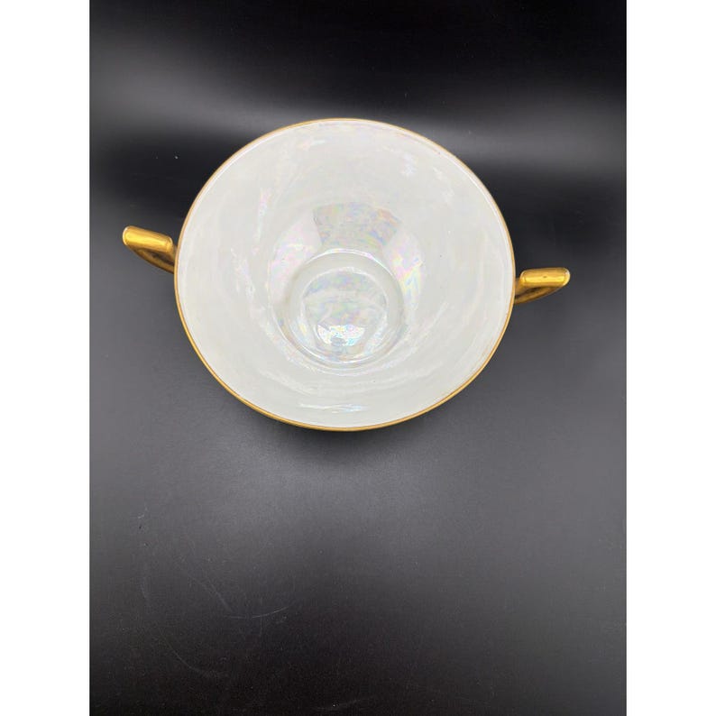 Vintage Signed Harrington Lusterware Bowl Blue Grapes Gold Handles Iridescent image 3