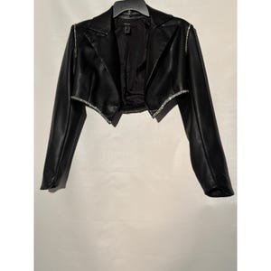 Forever 21 Faux Leather Cropped Jacket S Black Rhinestone Trim Open Front image 1