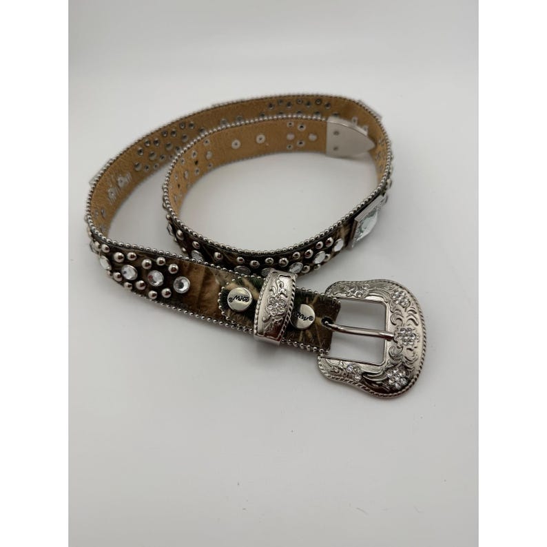 BB Simon Camo Crystal Studded Western Belt Silver Buckle Rhinestone Camouflage image 1
