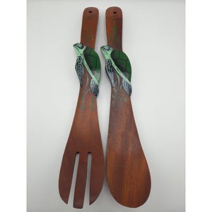 Costa Rica Hand-Painted Sea Turtle Wooden Salad Servers Set Folk Art image 1